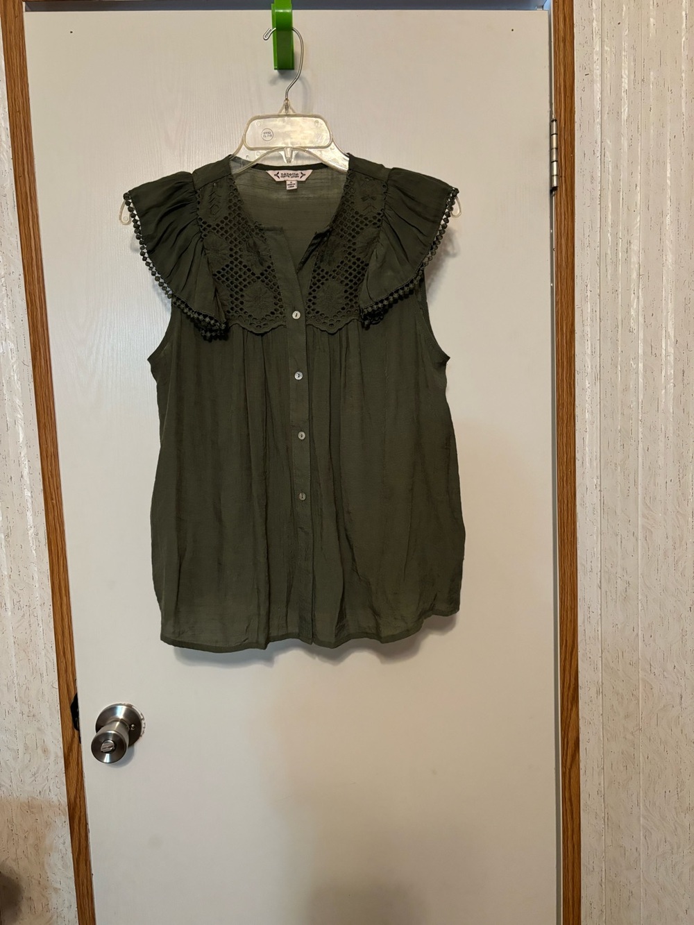 Nanette Lepore Olive Green Sleeveless Button-Front Blouse with Crochet Collar